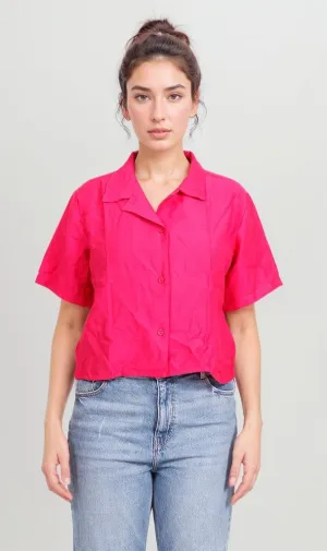 O204335-O204335 - Cropped Button-Up Shirt - Fuchsia