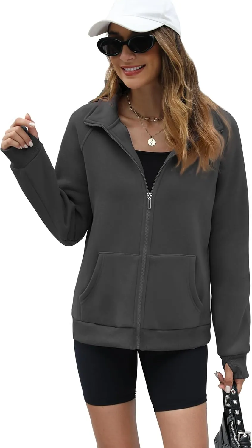 OFEEFAN Women's Full Zip Up Sweatshirt Oversized Fleece Jacket Trendy Hoodies Lightweight Coats with Pockets