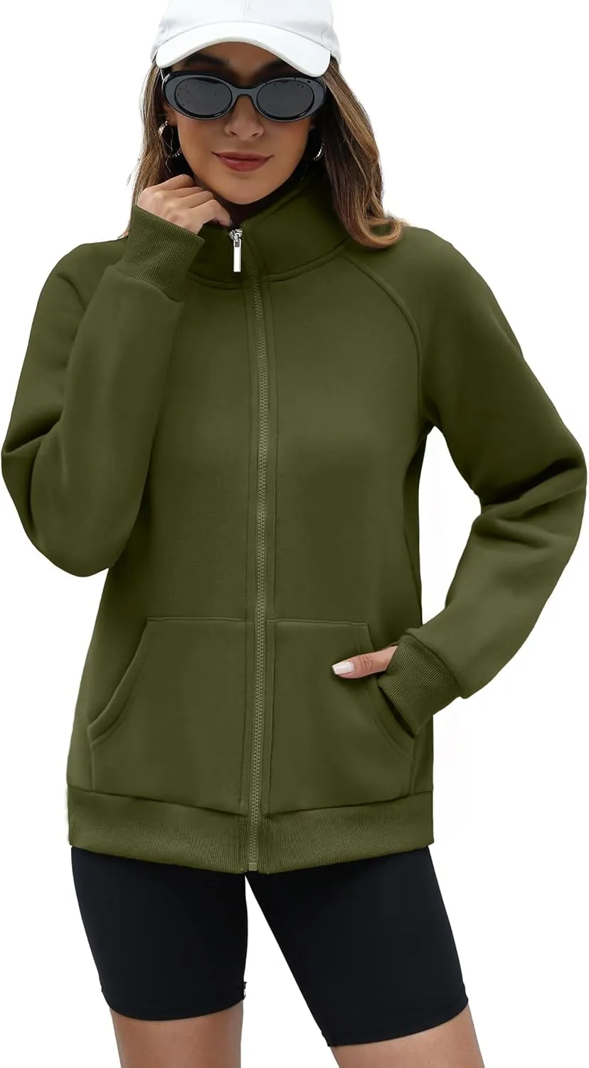 OFEEFAN Women's Full Zip Up Sweatshirt Oversized Fleece Jacket Trendy Hoodies Lightweight Coats with Pockets