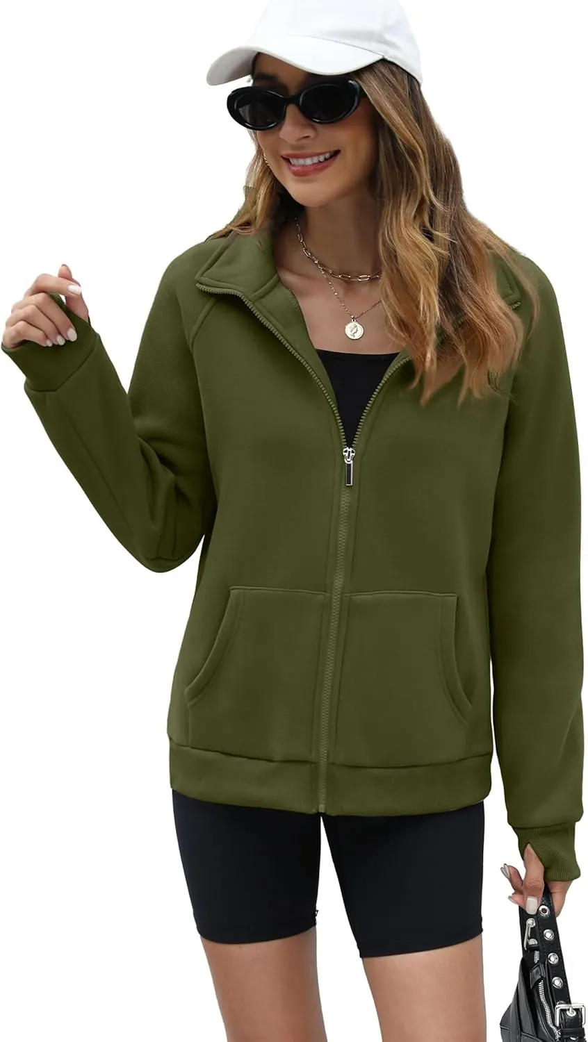 OFEEFAN Women's Full Zip Up Sweatshirt Oversized Fleece Jacket Trendy Hoodies Lightweight Coats with Pockets