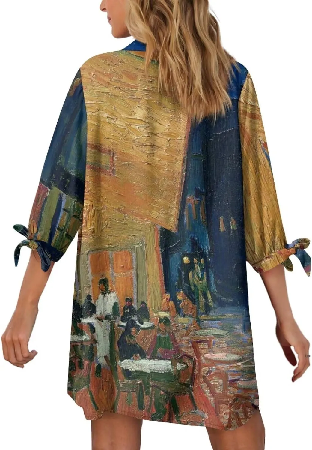 Oil Painting Printed Classic Hawaiian-Shirt Women's Casual Button Down 3/4 Sleeve Shirt Vacation Shirt