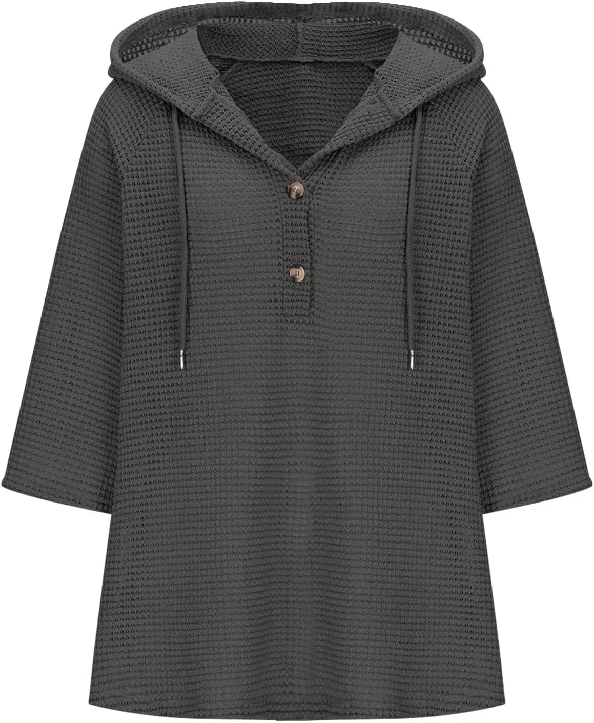 Oversized T Shirts for Women 3/4 Sleeve Waffle Button Down Tops Drawstring Hooded Henley V Neck Tshirts Cute Hoodies