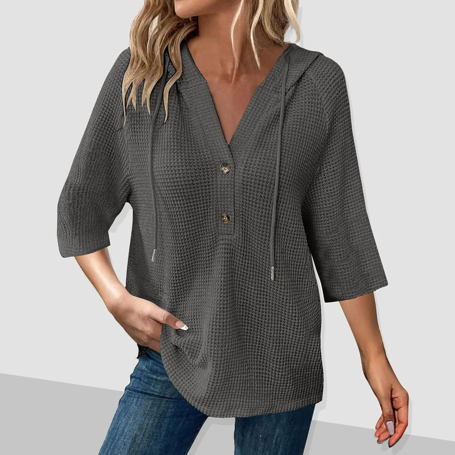 Oversized T Shirts for Women 3/4 Sleeve Waffle Button Down Tops Drawstring Hooded Henley V Neck Tshirts Cute Hoodies