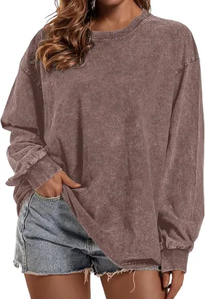 Oversized Vintage Long Sleeve Tees for Women Acid Wash T Shirts Casual Loose Fit Basic Crewneck Tops
