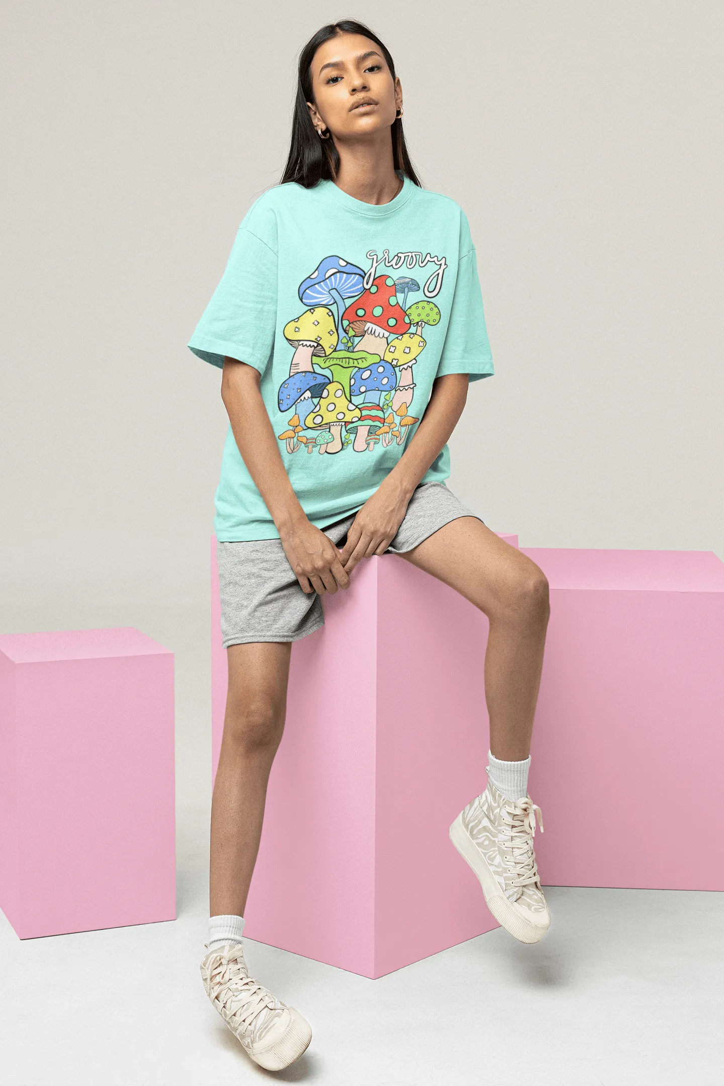Pastel Breeze Mushroom Printed Oversize T-shirts Unisex