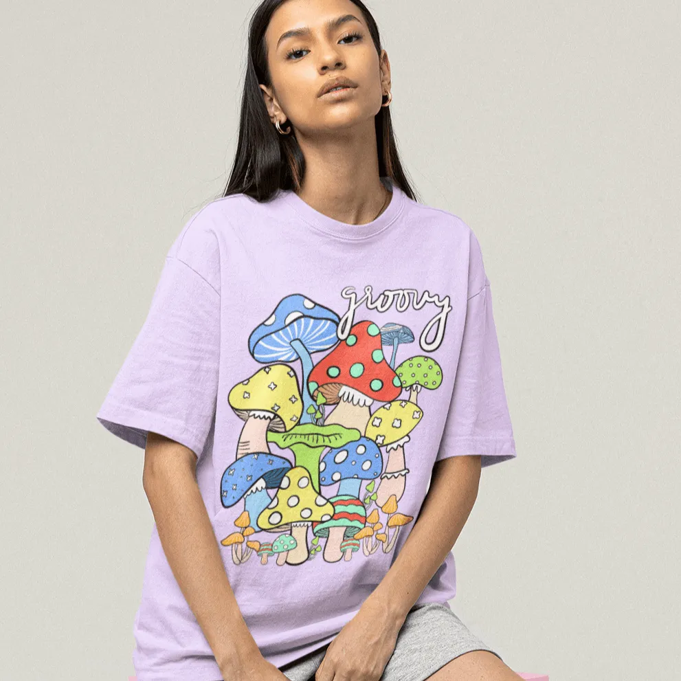 Pastel Breeze Mushroom Printed Oversize T-shirts Unisex