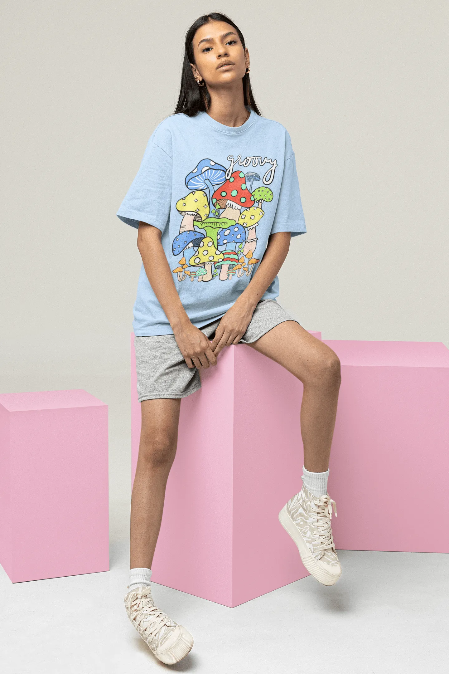 Pastel Breeze Mushroom Printed Oversize T-shirts Unisex