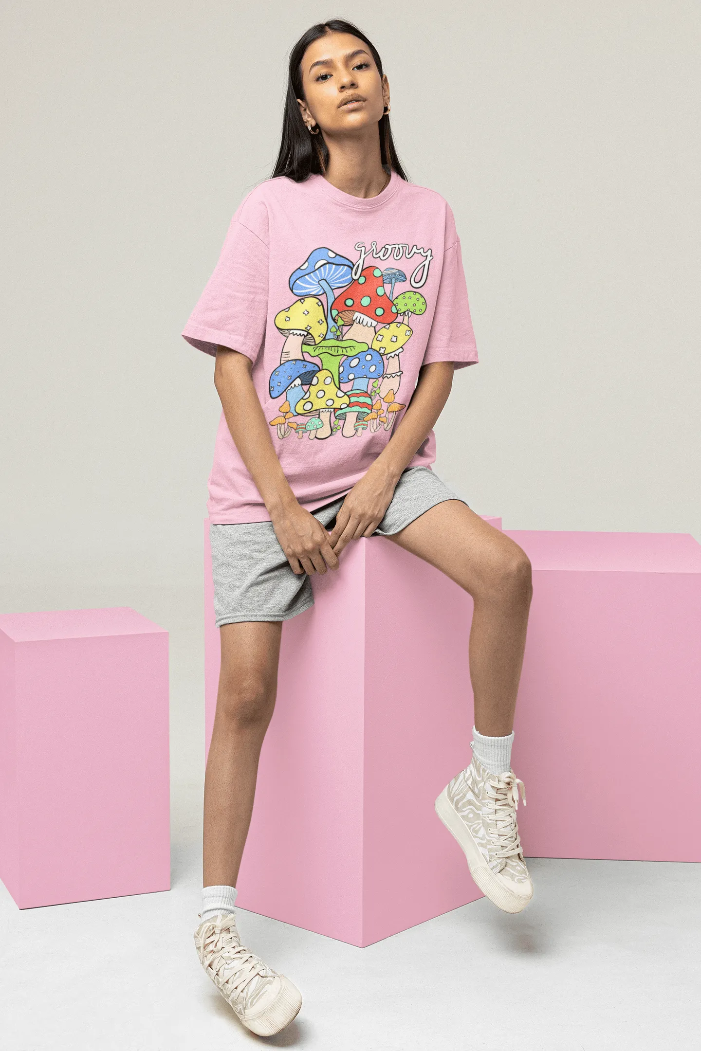 Pastel Breeze Mushroom Printed Oversize T-shirts Unisex