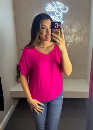 Patrice V-Neck Satin Top with Sleeves Detail