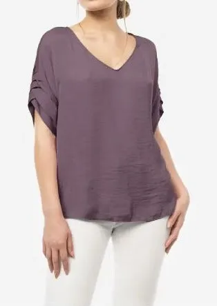 Patrice V-Neck Satin Top with Sleeves Detail