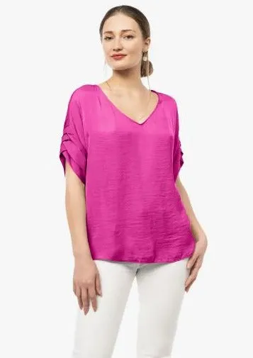 Patrice V-Neck Satin Top with Sleeves Detail