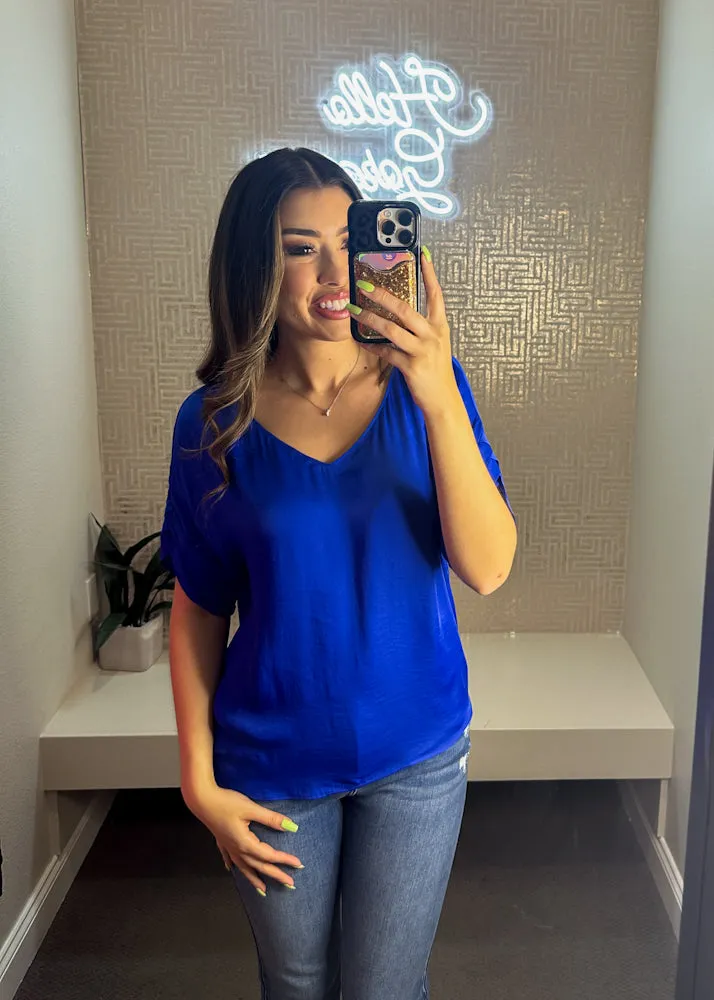 Patrice V-Neck Satin Top with Sleeves Detail