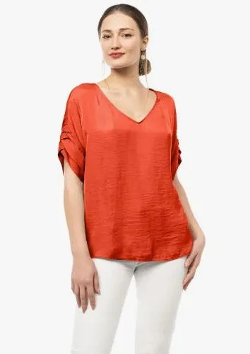 Patrice V-Neck Satin Top with Sleeves Detail