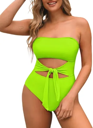 Pink Queen Women Bandeau One Piece Swimsuit Removable Strap Cutout Tie High Waist Bathing Suit Monokini