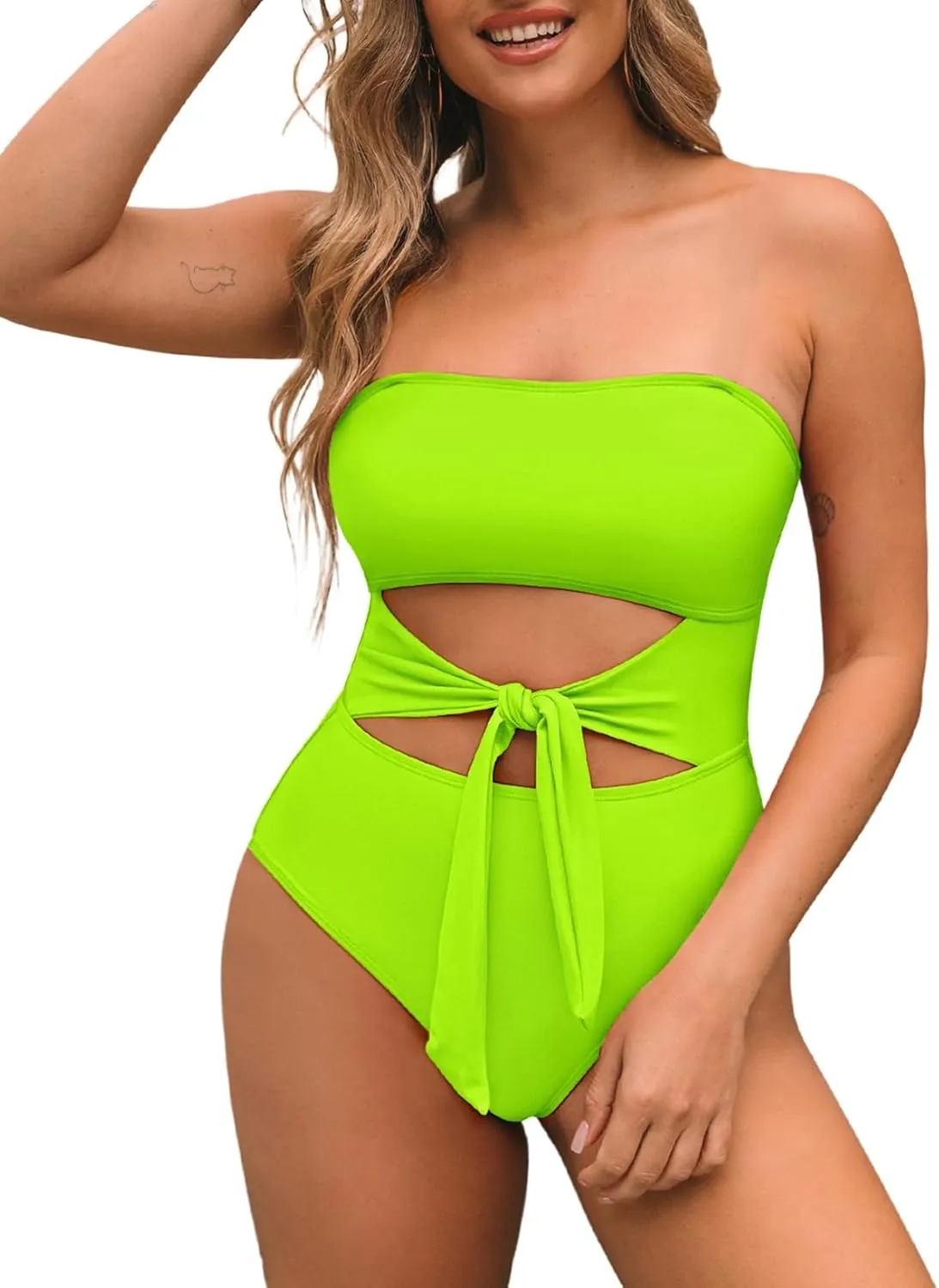 Pink Queen Women Bandeau One Piece Swimsuit Removable Strap Cutout Tie High Waist Bathing Suit Monokini