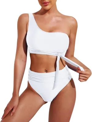 Pink Queen Women's One Shoulder High Waisted Bikini Set Two Piece Tie Ruched Swimsuit