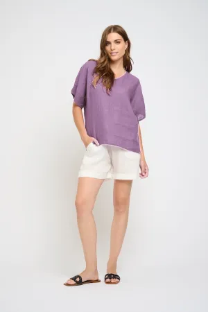 Pistache Linen V-Neck Top - Blackberry