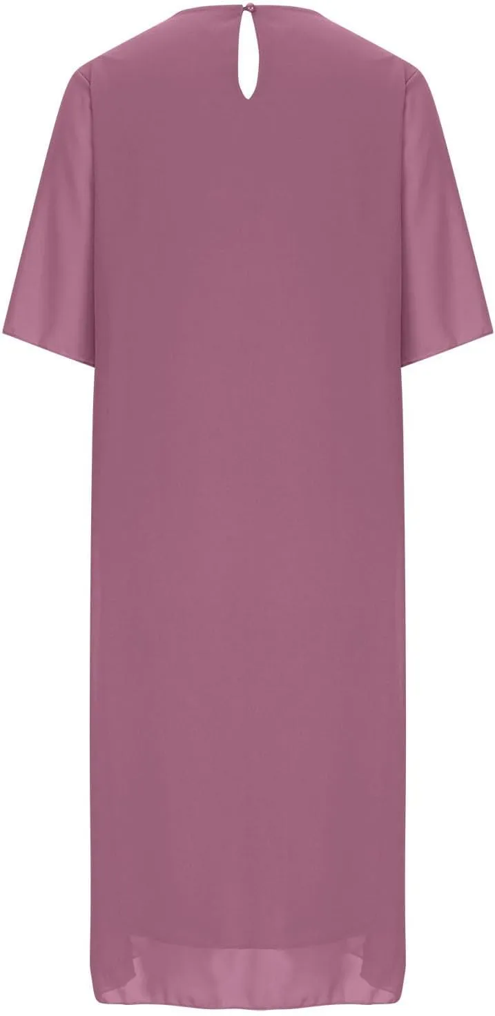 Plus Size Dresses for Women Solid Color Crewneck 3/4 Sleeve Summer Midi Dress Elegant Casual Pleated Chiffon Dress