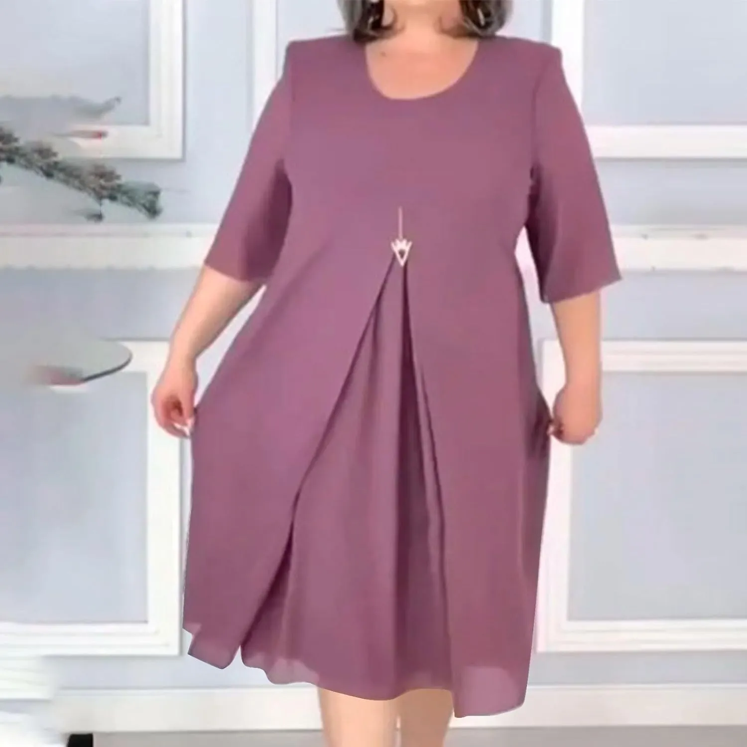 Plus Size Dresses for Women Solid Color Crewneck 3/4 Sleeve Summer Midi Dress Elegant Casual Pleated Chiffon Dress