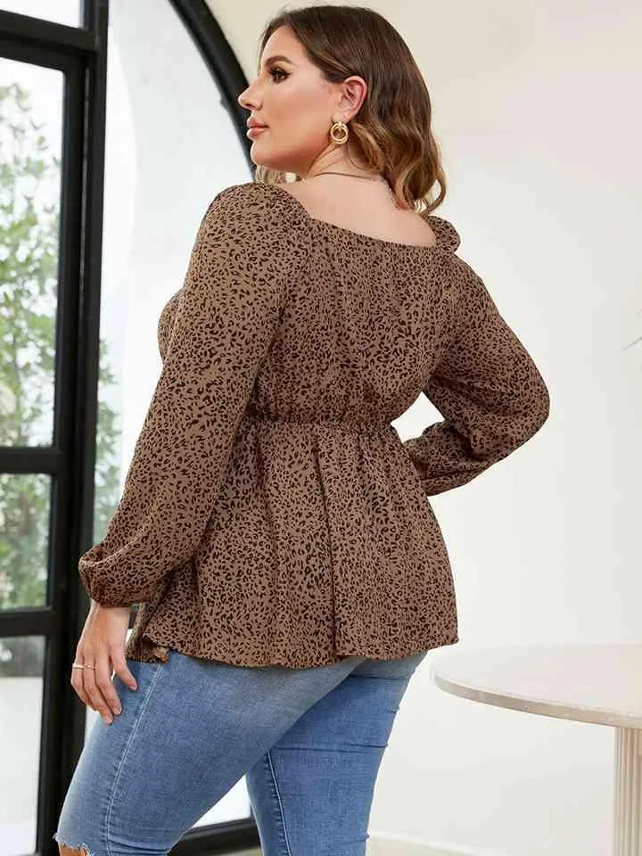 Plus Size Leopard Square Neck Long Sleeve Blouse