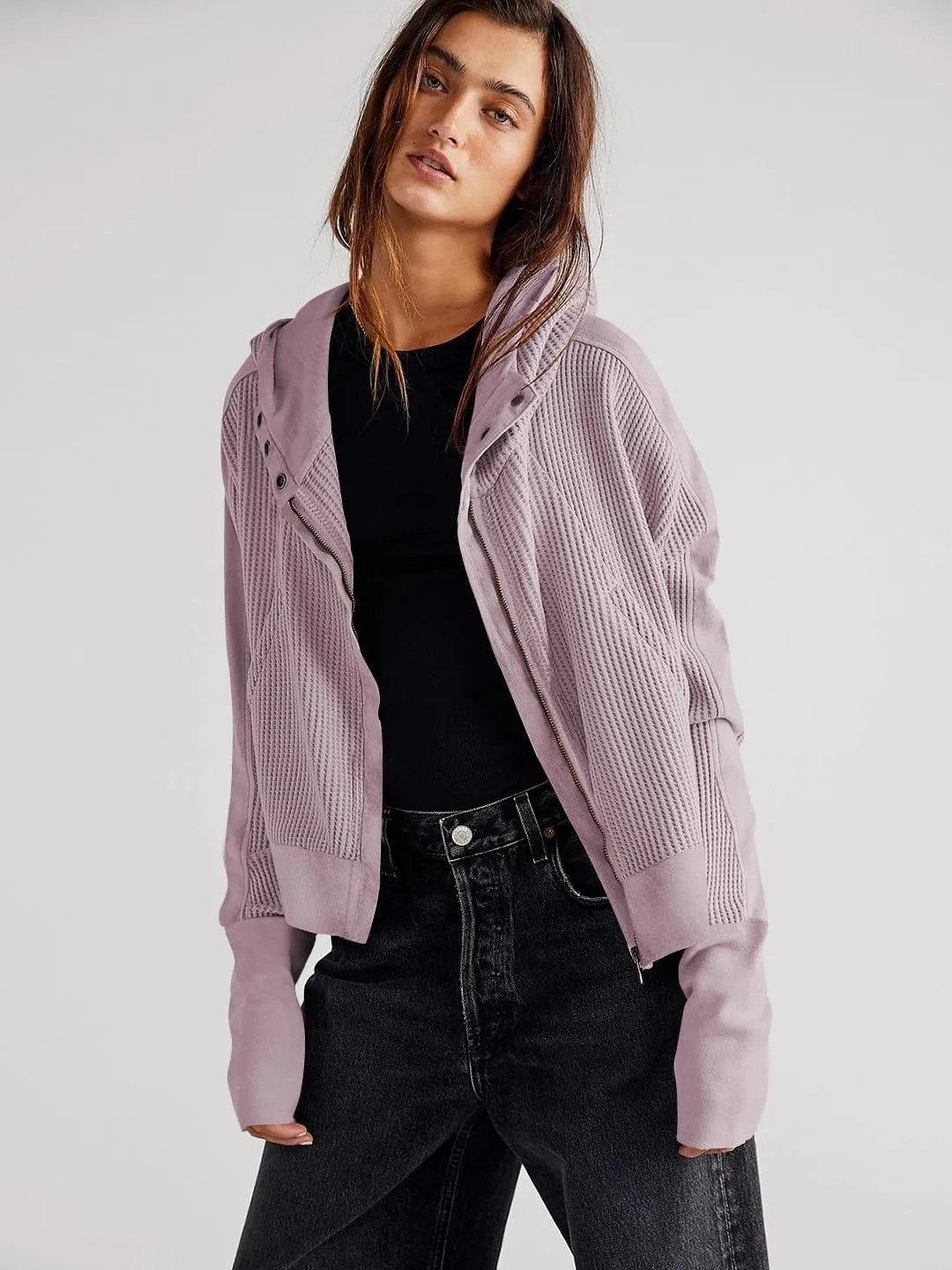 Plustrong Womens Waffle Knit Jackets Zip Up Hoodie Jacket Long Sleeve Cropped Hoodie
