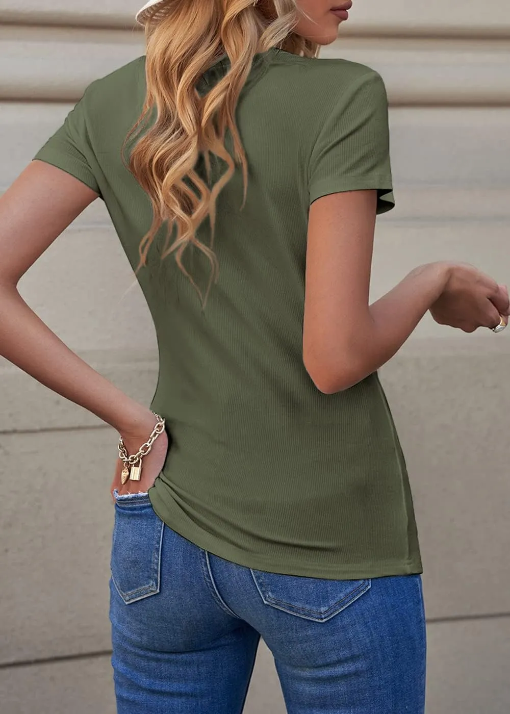 PRETTYGARDEN Women's Summer Casual Henley T-Shirts Short Sleeve V Neck Button Up Ribbed Knit Slim Fit Basic Tops