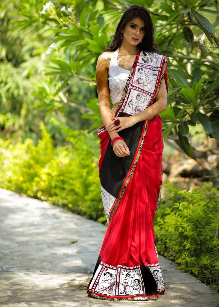 RED CREPE SATIN SAREE WITH HAND PAINTED PATTACHITRA BORDER & BENARASI PATCH ON PALLU