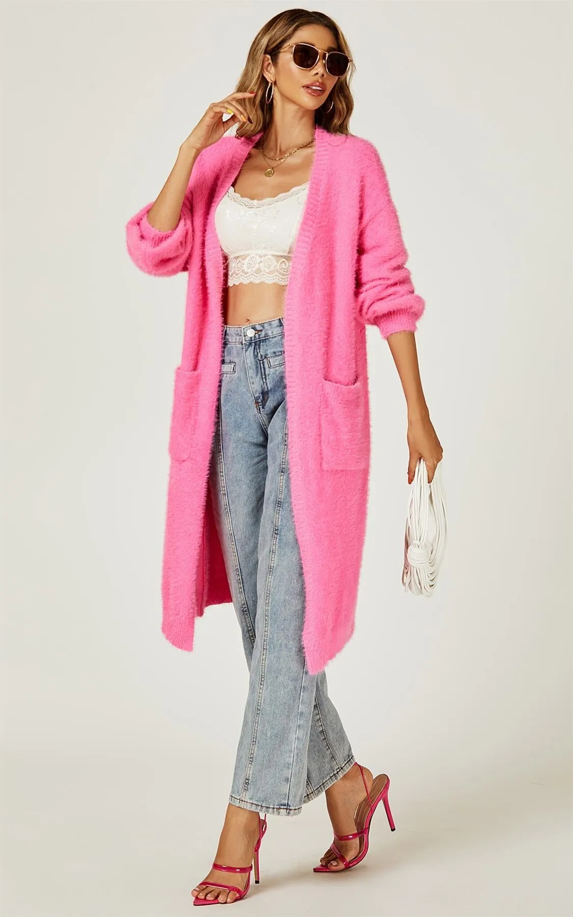 Relaxed Cozy Soft Cardigan In Fuchsia Pink