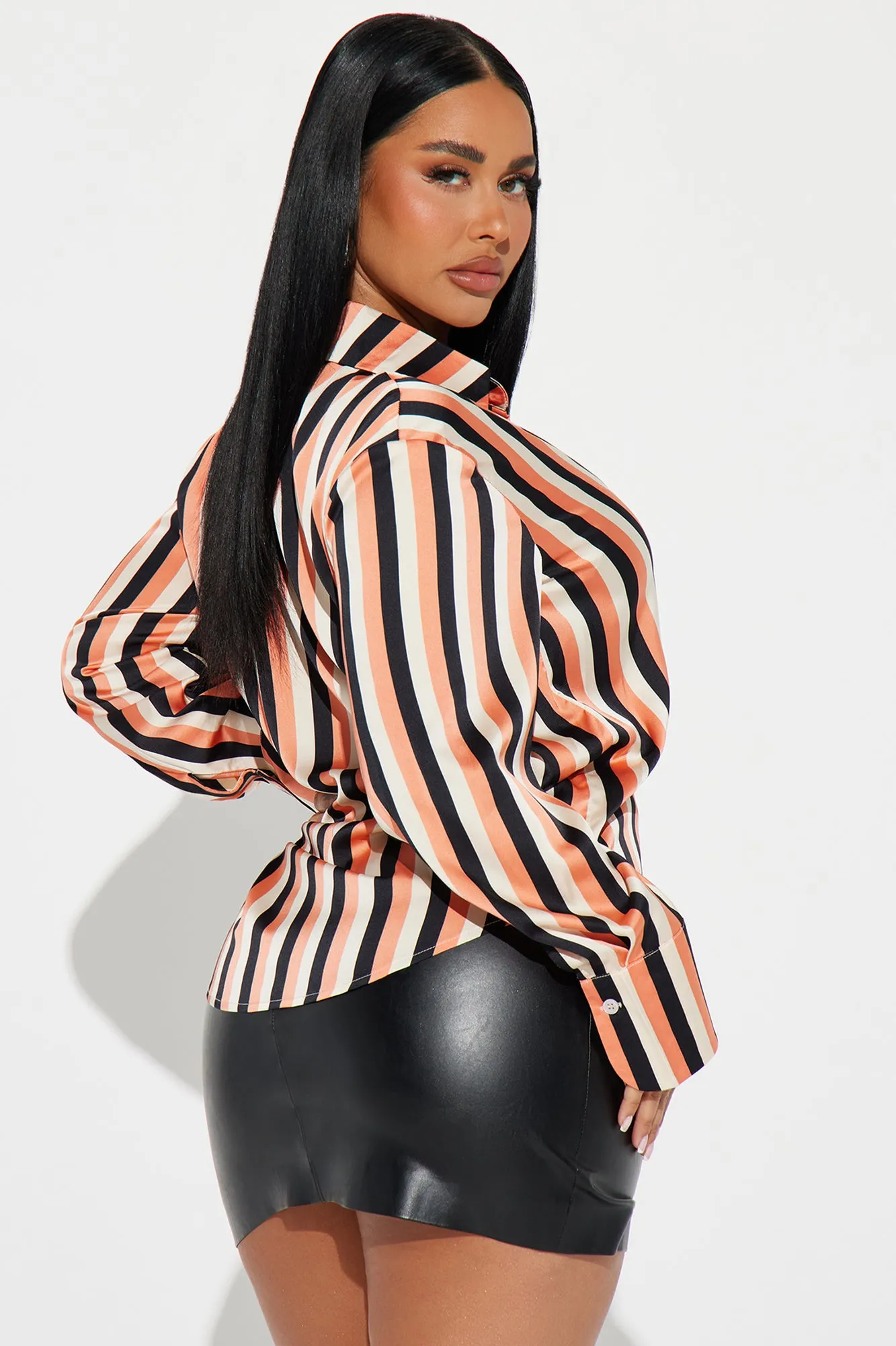 Sally Striped Satin Shirt - Peach/combo