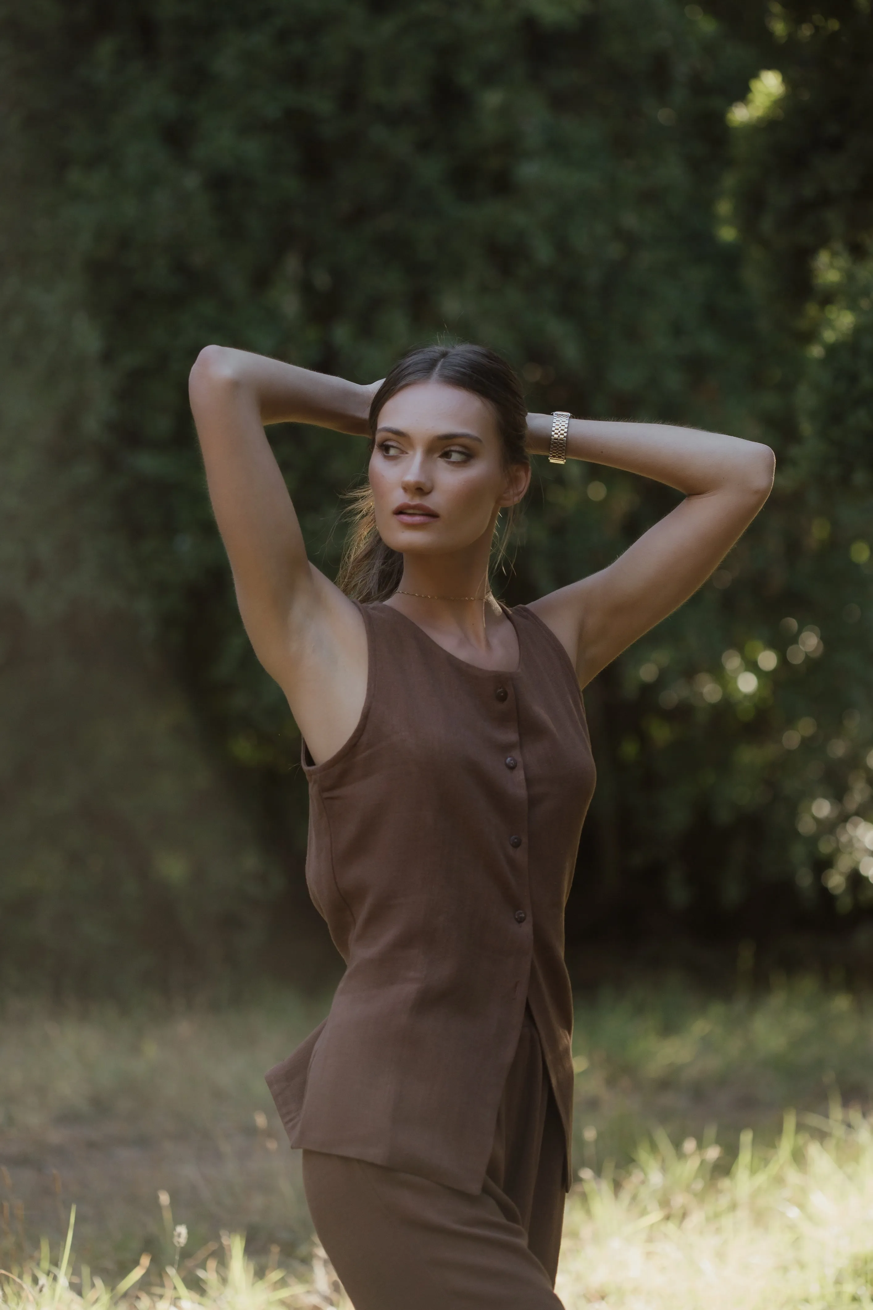 Santorini Long Waistcoat Chocolate Linen