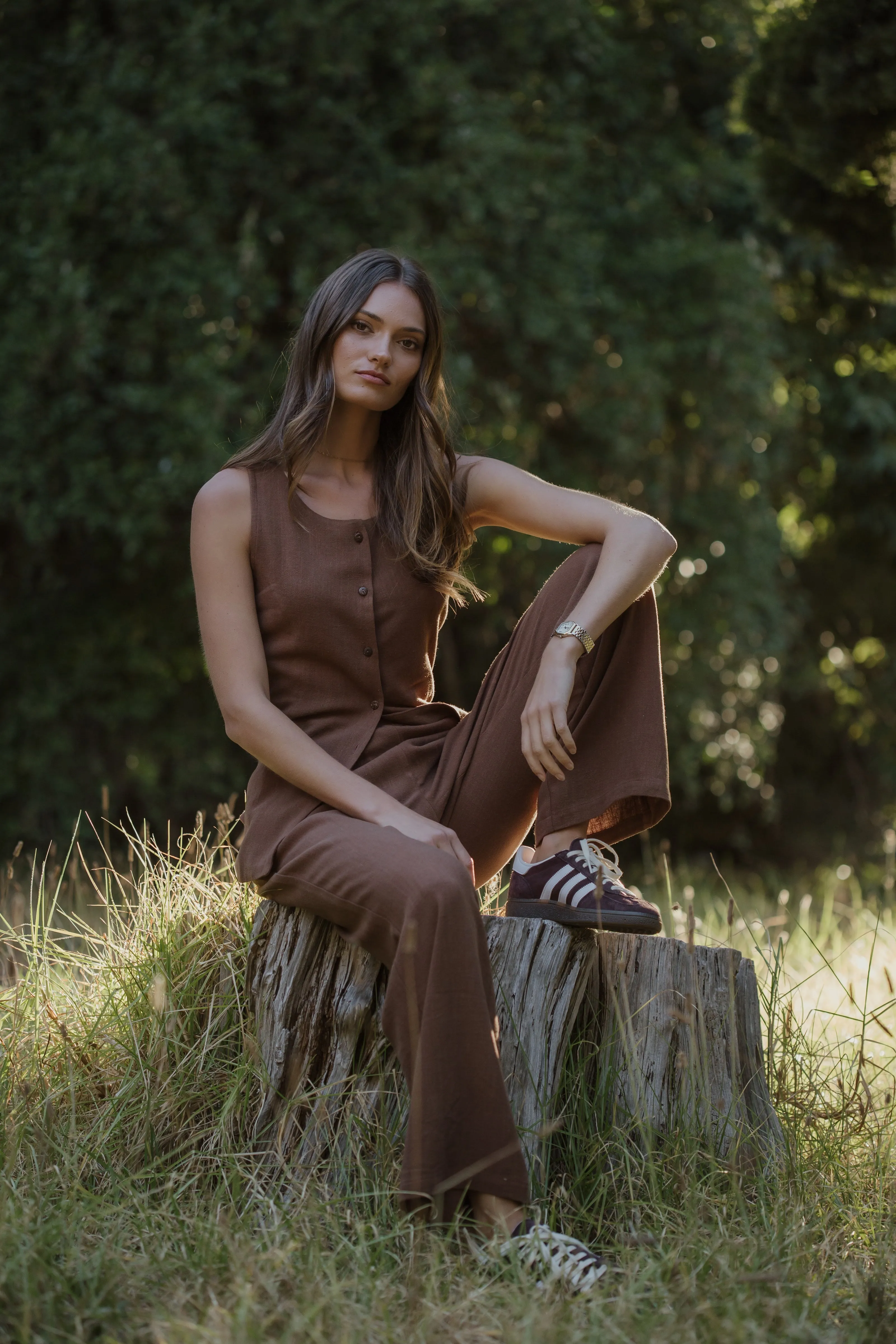Santorini Long Waistcoat Chocolate Linen