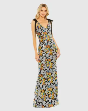 Sequin embellished floral bow detail V neck gown - Multi