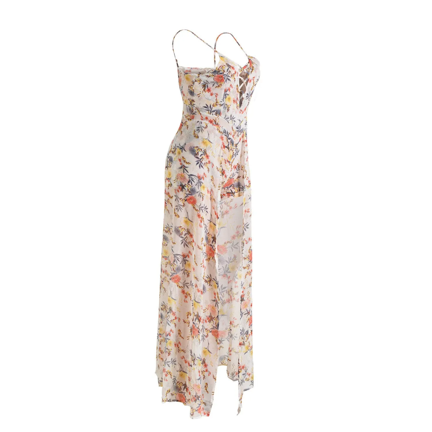 Sexy Chiffon Spaghetti Strap Print Irregular Long Dress
