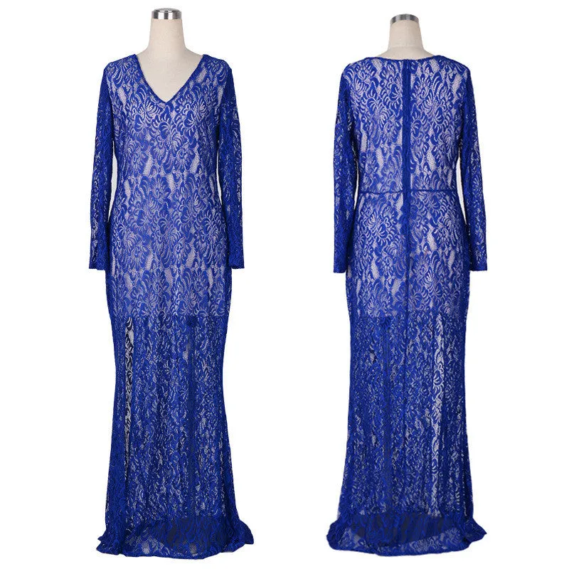 Sexy Elegant Lace Split Long Evening Party Dress