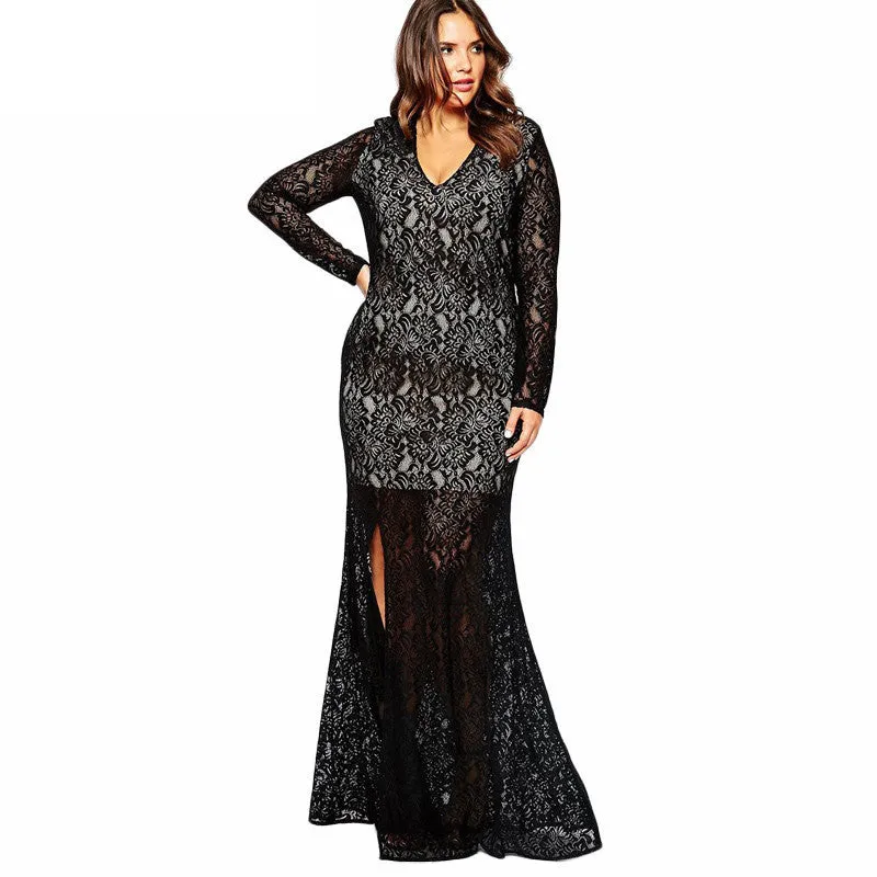 Sexy Elegant Lace Split Long Evening Party Dress