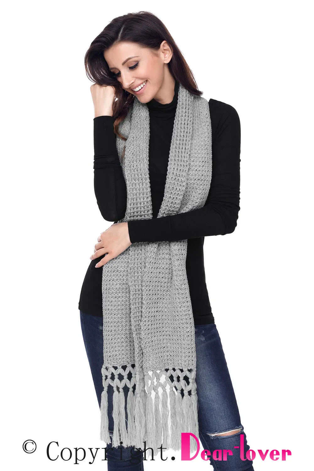 Sexy Gray Cozy Chunky Knit Tassel Scarf