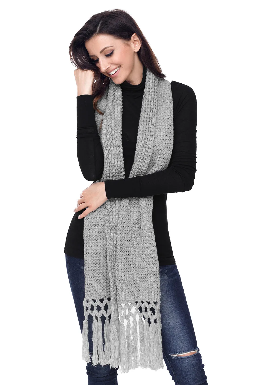 Sexy Gray Cozy Chunky Knit Tassel Scarf