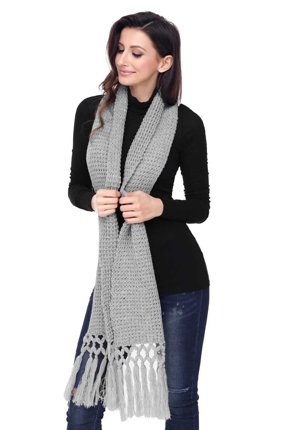 Sexy Gray Cozy Chunky Knit Tassel Scarf