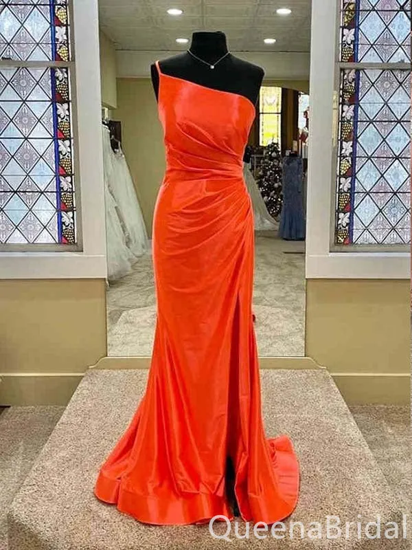 Sexy Orange Single Spaghetti Straps Evening Gown Maxi Long Formal Dresses Prom Dresses with High Slit ,WGP873