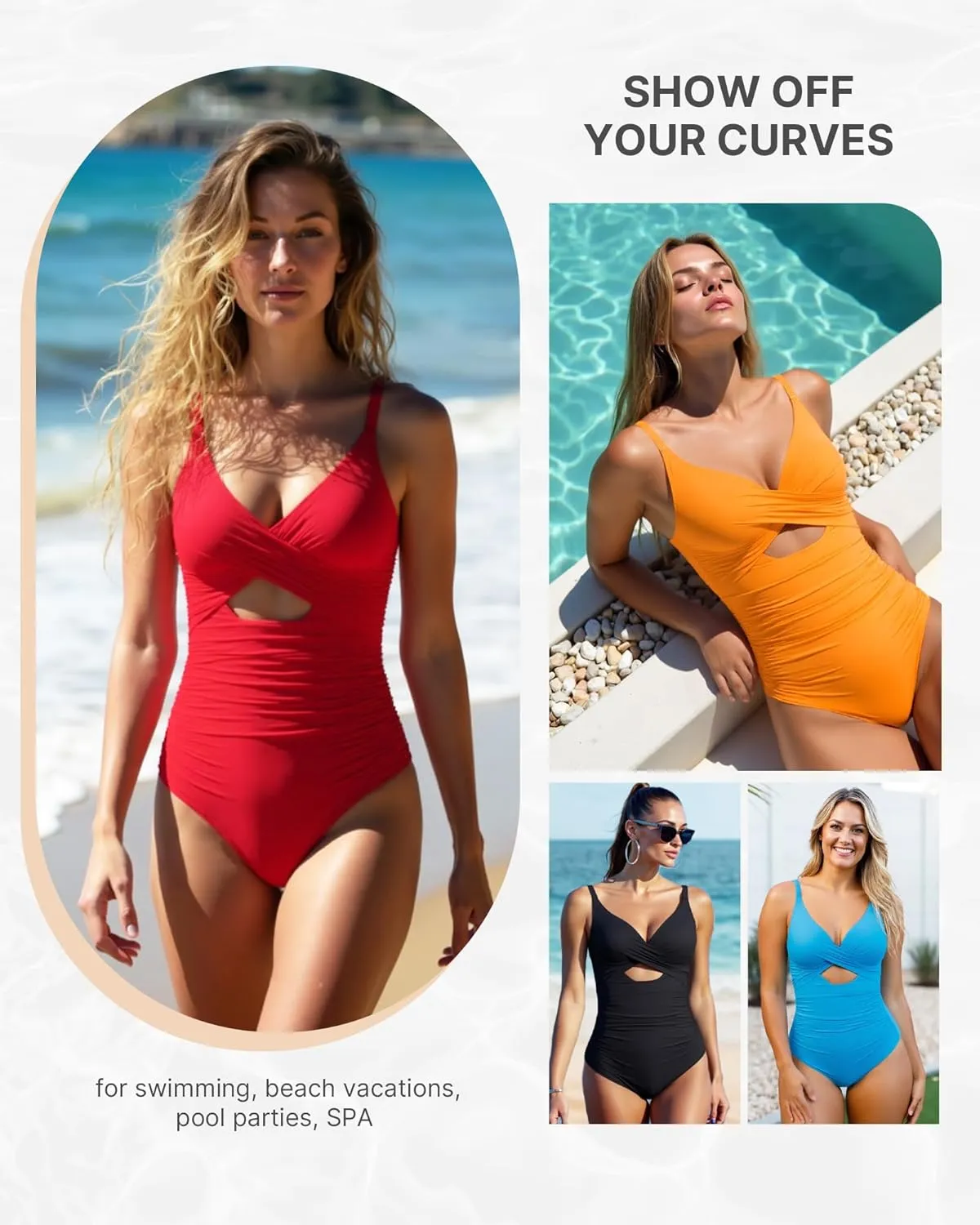 SHAPELLX Tummy Control Swimsuits Women V Neck One Piece Bathing Suit Ruched Push Up Slimming Swimwear Built-in Bra