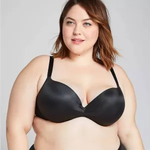 Size 36DD Cacique Max Boost Plunge Black Satin Push Up Bra