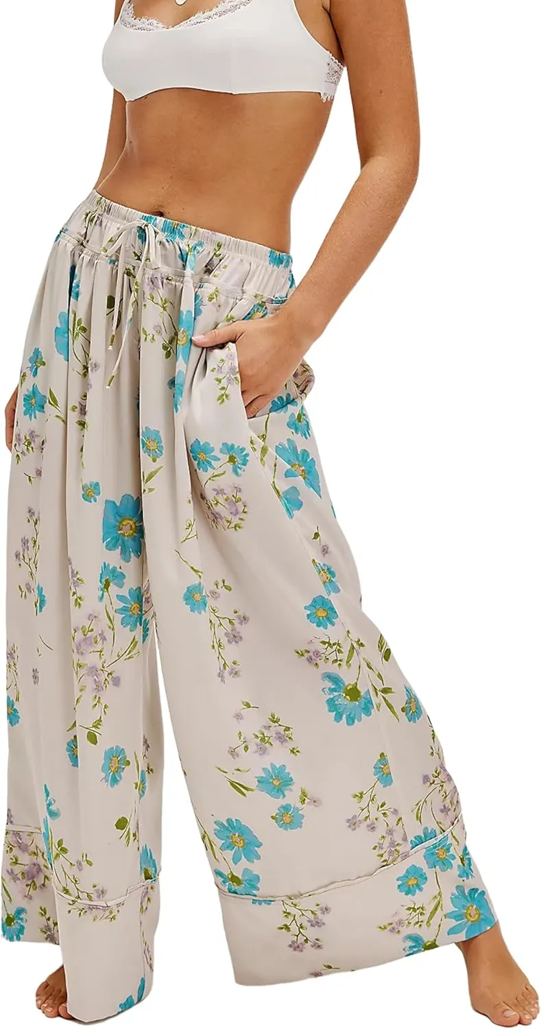 SKIKYAN Women Summer Casual High Waist Wide Leg Pants Floral Print Palazzo Pant Flowy Lounge Beach Trousers with Pockets