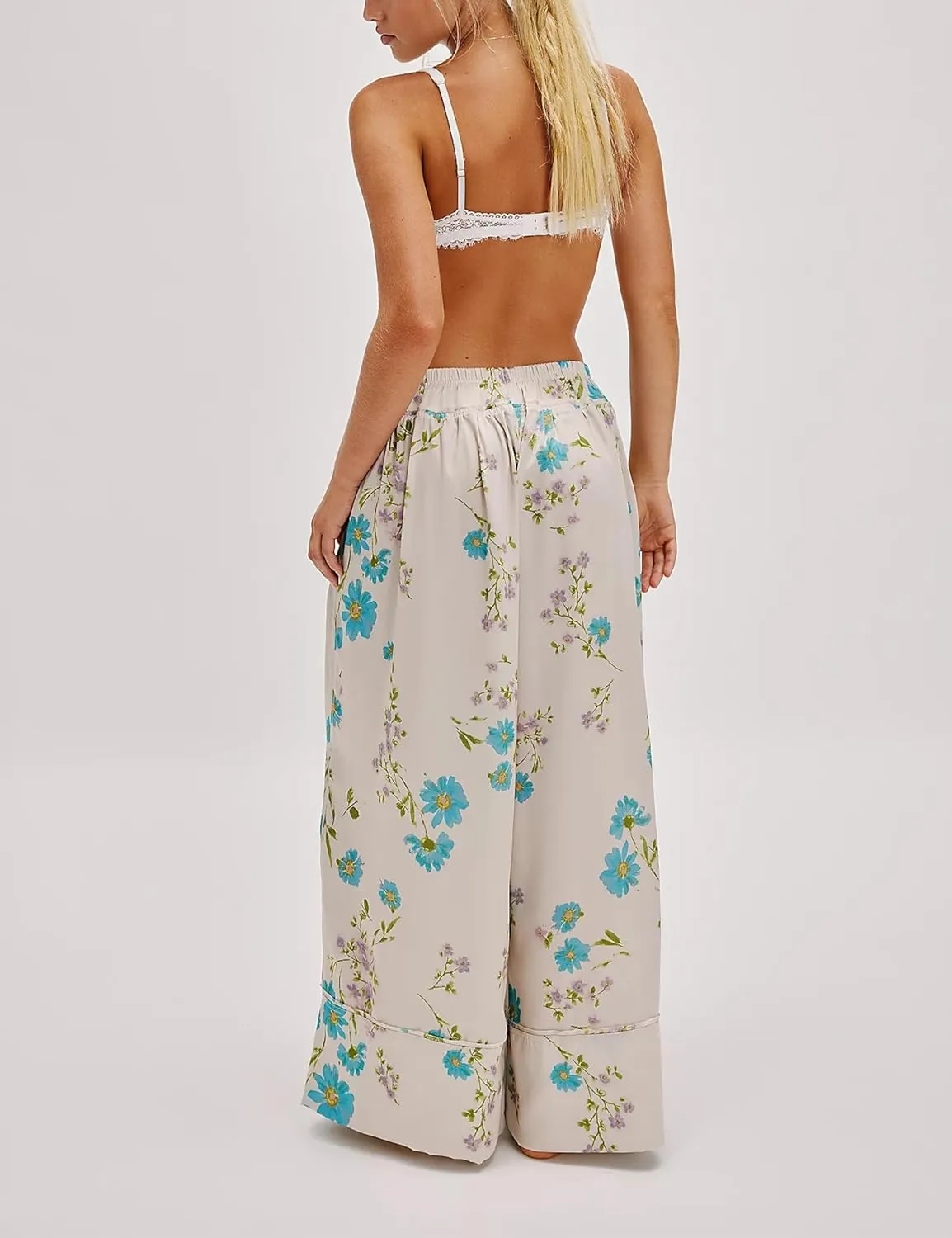 SKIKYAN Women Summer Casual High Waist Wide Leg Pants Floral Print Palazzo Pant Flowy Lounge Beach Trousers with Pockets
