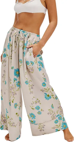 SKIKYAN Women Summer Casual High Waist Wide Leg Pants Floral Print Palazzo Pant Flowy Lounge Beach Trousers with Pockets