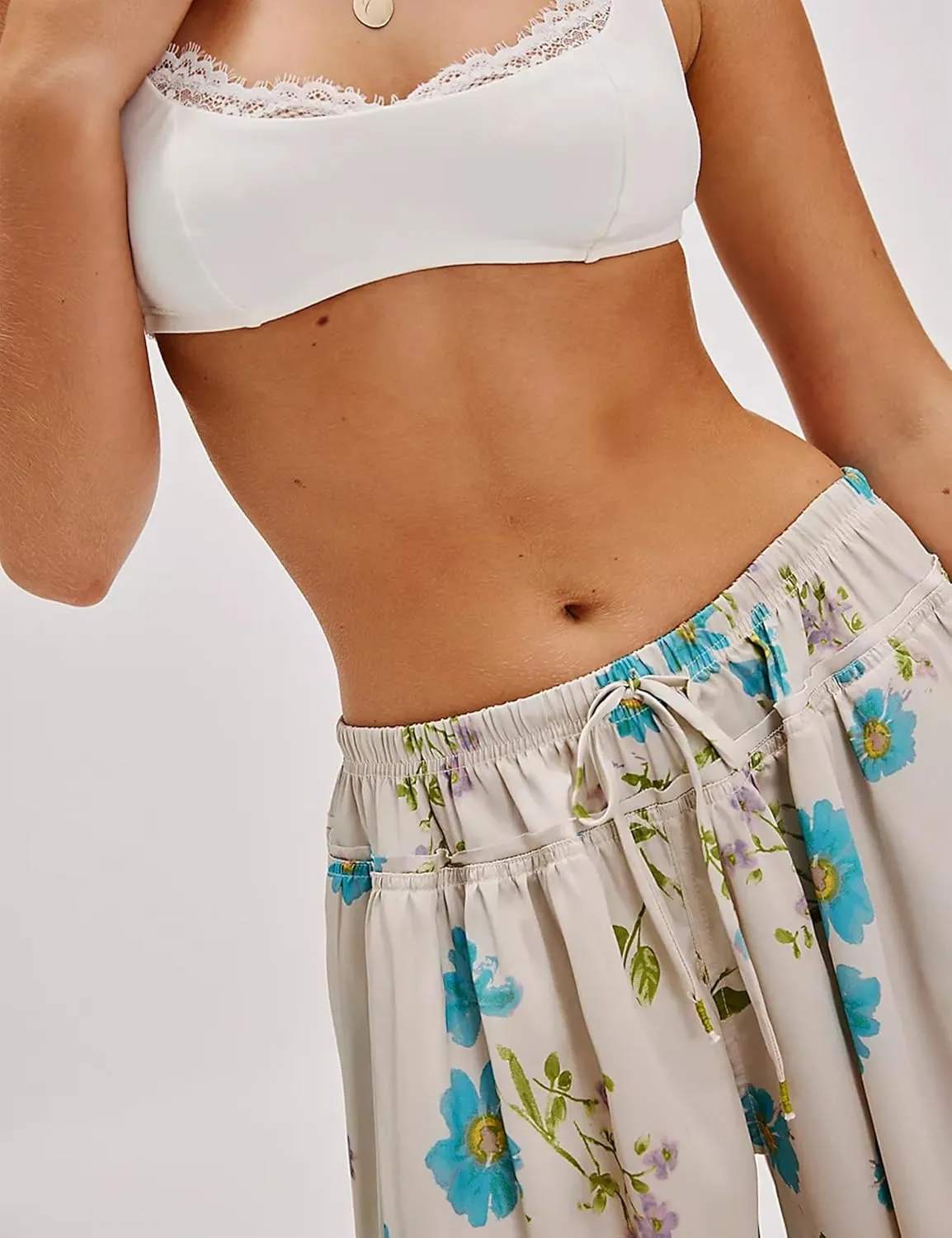 SKIKYAN Women Summer Casual High Waist Wide Leg Pants Floral Print Palazzo Pant Flowy Lounge Beach Trousers with Pockets
