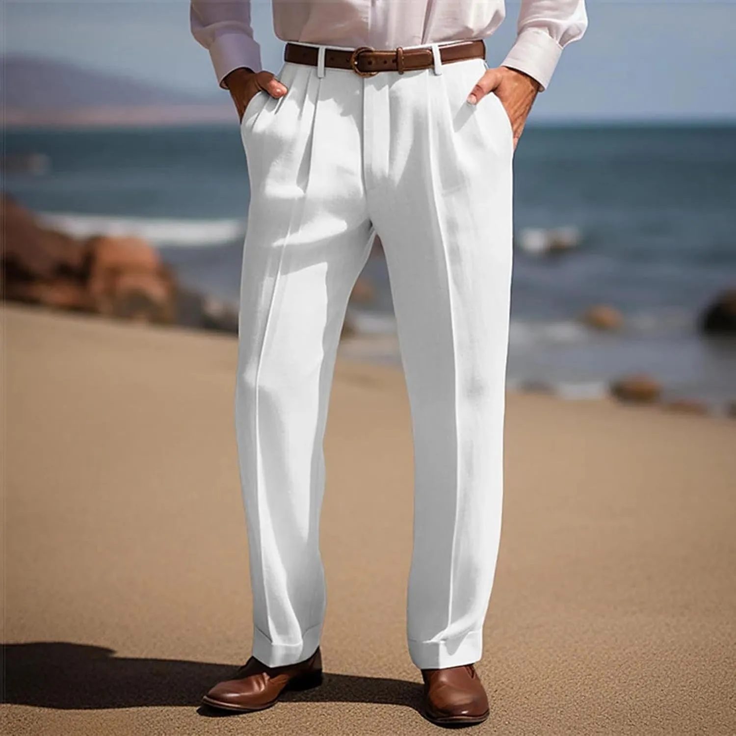 Slim Fit Linen Pants for Men Business Casual Trousers Stretch Comfortable Summer Office Travel Dress Pants