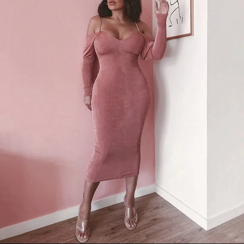Spaghetti Strap Backless Long Sleeve Bodycon Dress