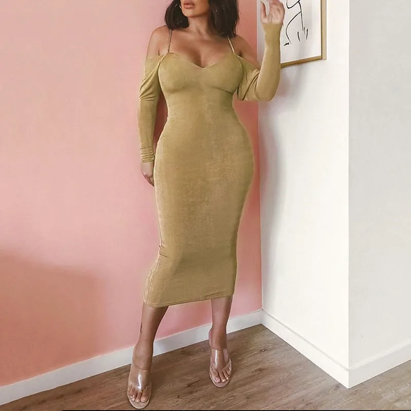 Spaghetti Strap Backless Long Sleeve Bodycon Dress