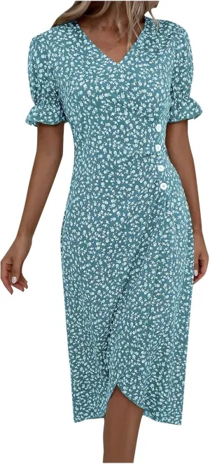 Spring Dresses for Women 2024, Summer Elegant Wrap V Neck Puff Sleeve Boho Print Sundresses Slim Hawaiian Irregular Hem Dress