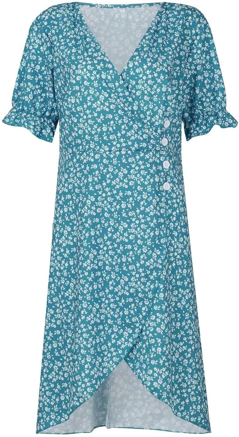 Spring Dresses for Women 2024, Summer Elegant Wrap V Neck Puff Sleeve Boho Print Sundresses Slim Hawaiian Irregular Hem Dress